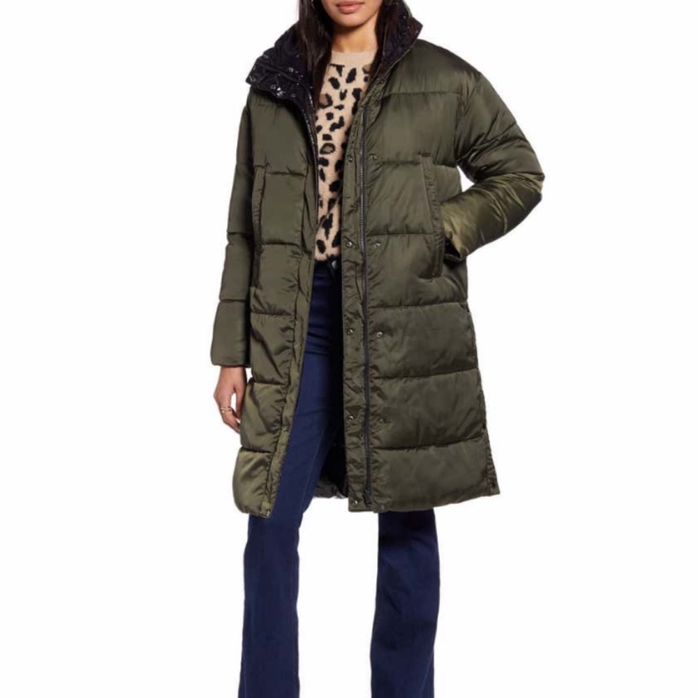 Sold Out Halogen Reversible Puffer Coat Size Small – Olive/Black Shine Rare Find
